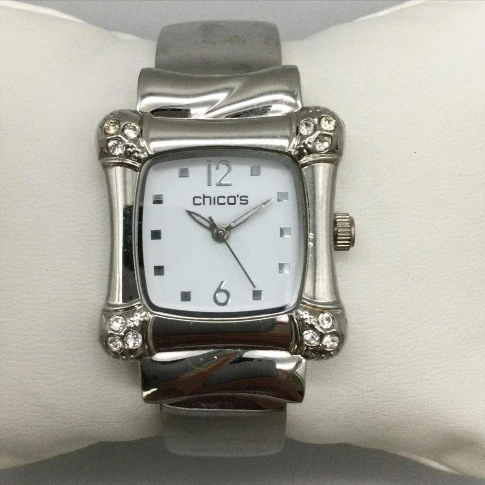Chico's Womens Watch 30mm Square Silver Tone Open Cuff Rhinestone New Battery